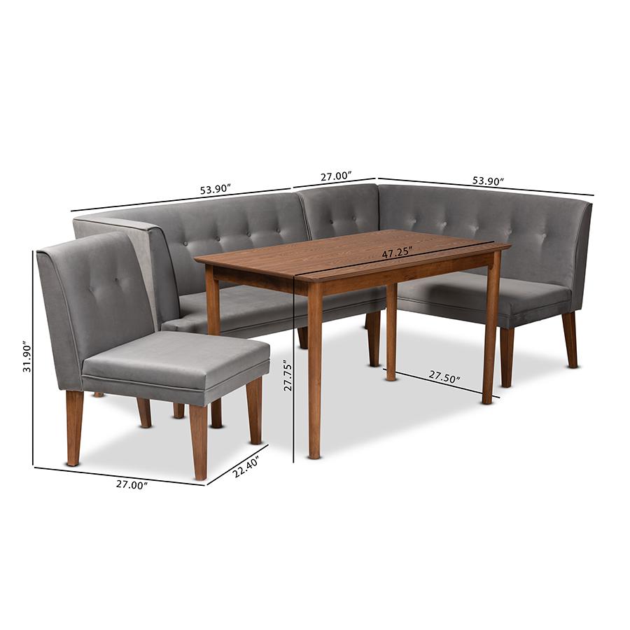 Grey Velvet Upholstered and Walnut Brown Finished Wood 4-Piece Dining Nook Set. Picture 12