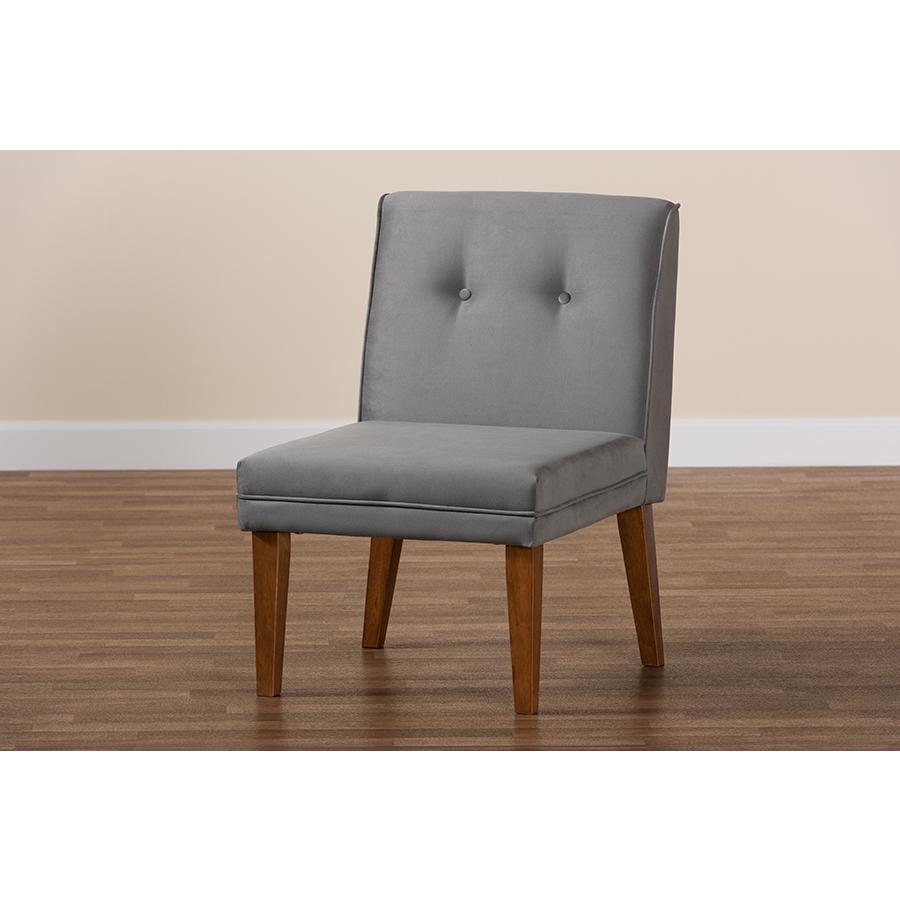 Grey Velvet Upholstered and Walnut Brown Finished Wood Dining Chair. Picture 9