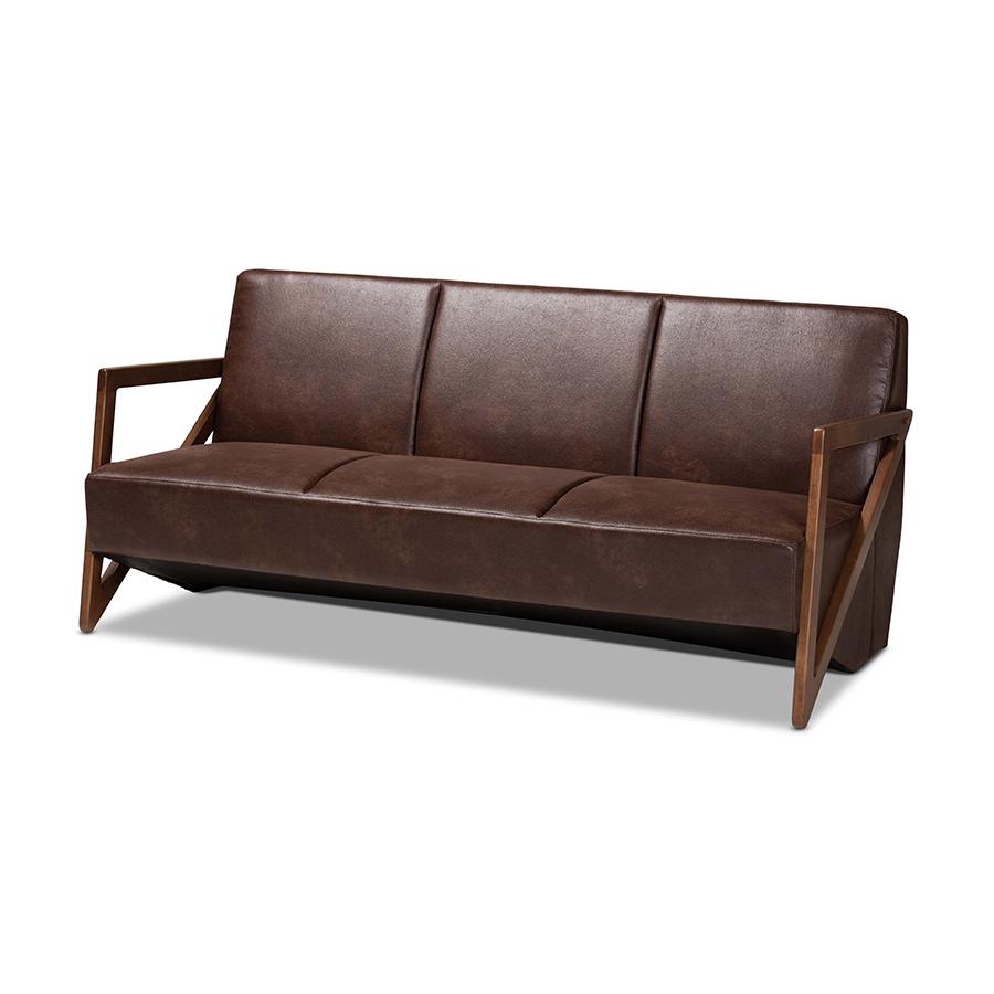 Leather Effect Fabric Upholstered and Walnut Brown Finished Wood Sofa. Picture 1