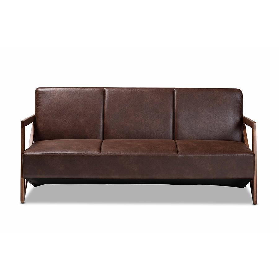 Leather Effect Fabric Upholstered and Walnut Brown Finished Wood Sofa. Picture 2
