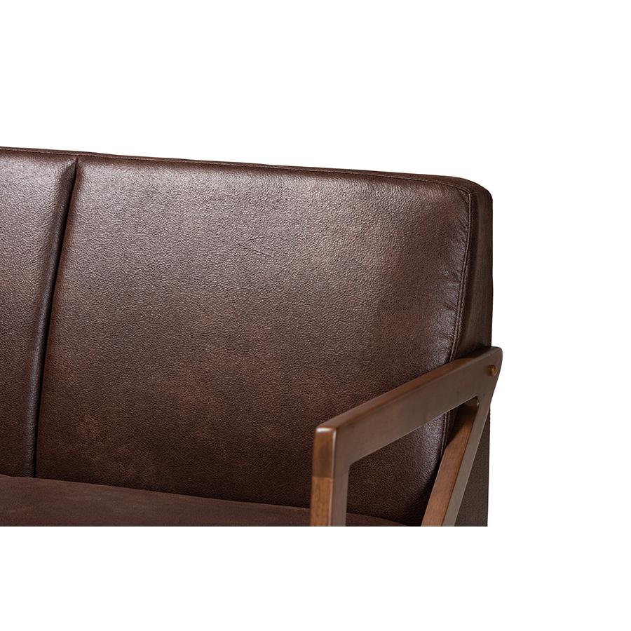Leather Effect Fabric Upholstered and Walnut Brown Finished Wood Sofa. Picture 5