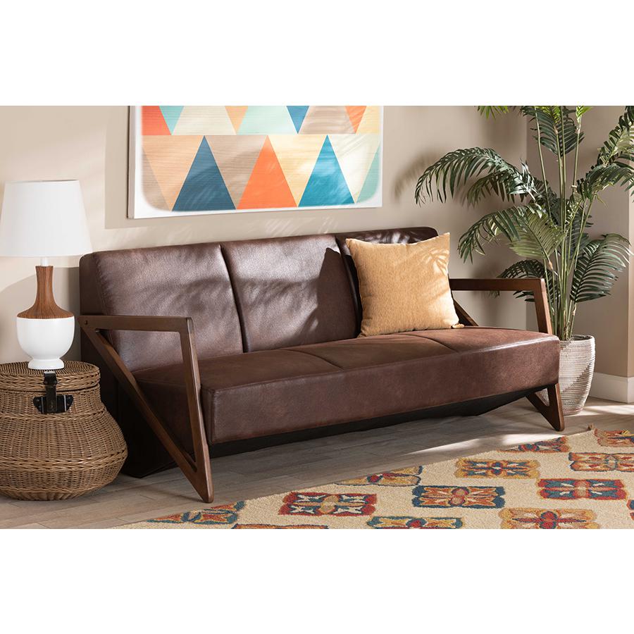 Leather Effect Fabric Upholstered and Walnut Brown Finished Wood Sofa. Picture 8
