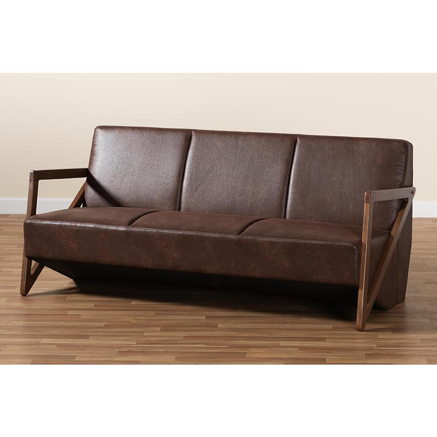 Leather Effect Fabric Upholstered and Walnut Brown Finished Wood Sofa. Picture 9
