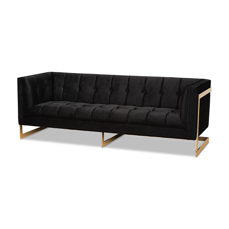 Baxton Studio Ambra Glam and Luxe Black Velvet Upholstered and Button Tufted Sofa with Gold-Tone Frame. Picture 2