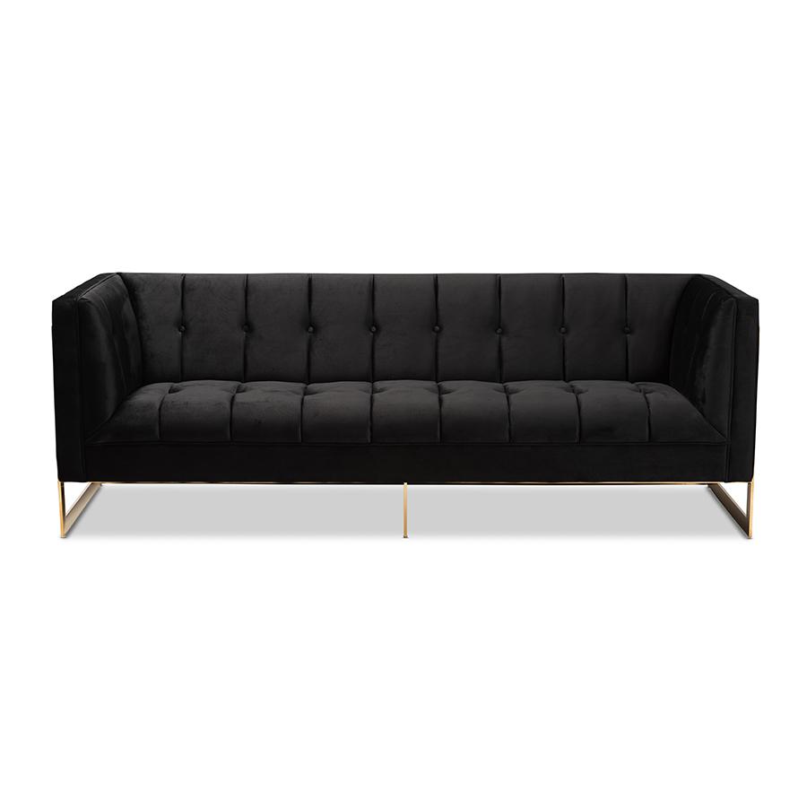 Baxton Studio Ambra Glam and Luxe Black Velvet Upholstered and Button Tufted Sofa with Gold-Tone Frame. Picture 3