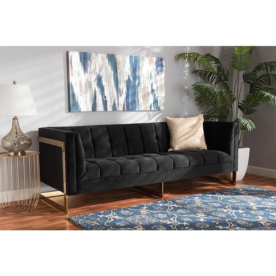Baxton Studio Ambra Glam and Luxe Black Velvet Upholstered and Button Tufted Sofa with Gold-Tone Frame. Picture 1