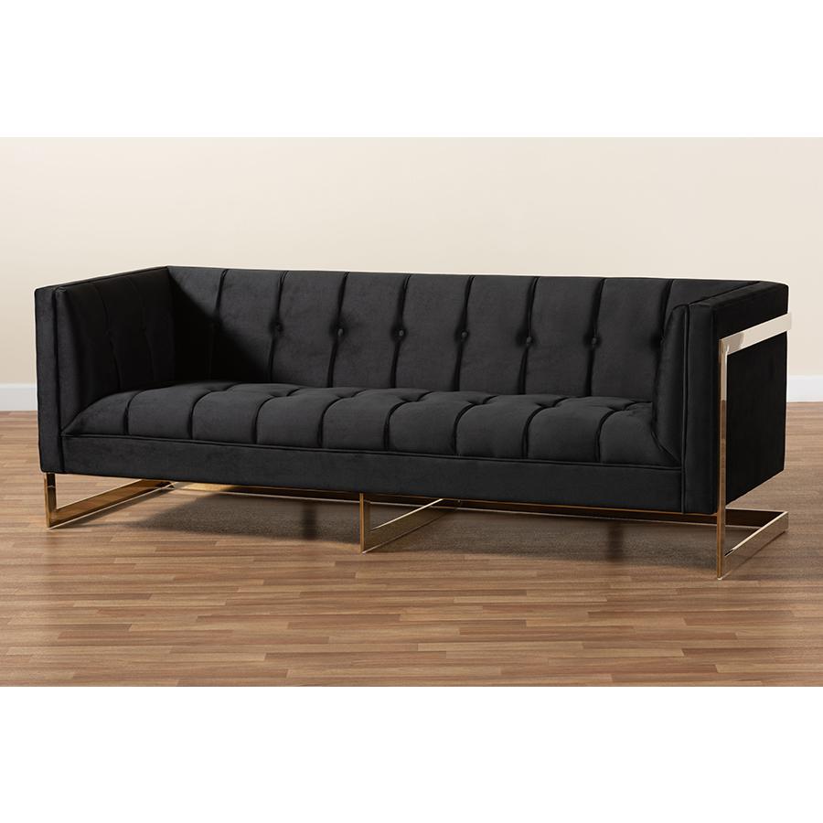 Baxton Studio Ambra Glam and Luxe Black Velvet Upholstered and Button Tufted Sofa with Gold-Tone Frame. Picture 10