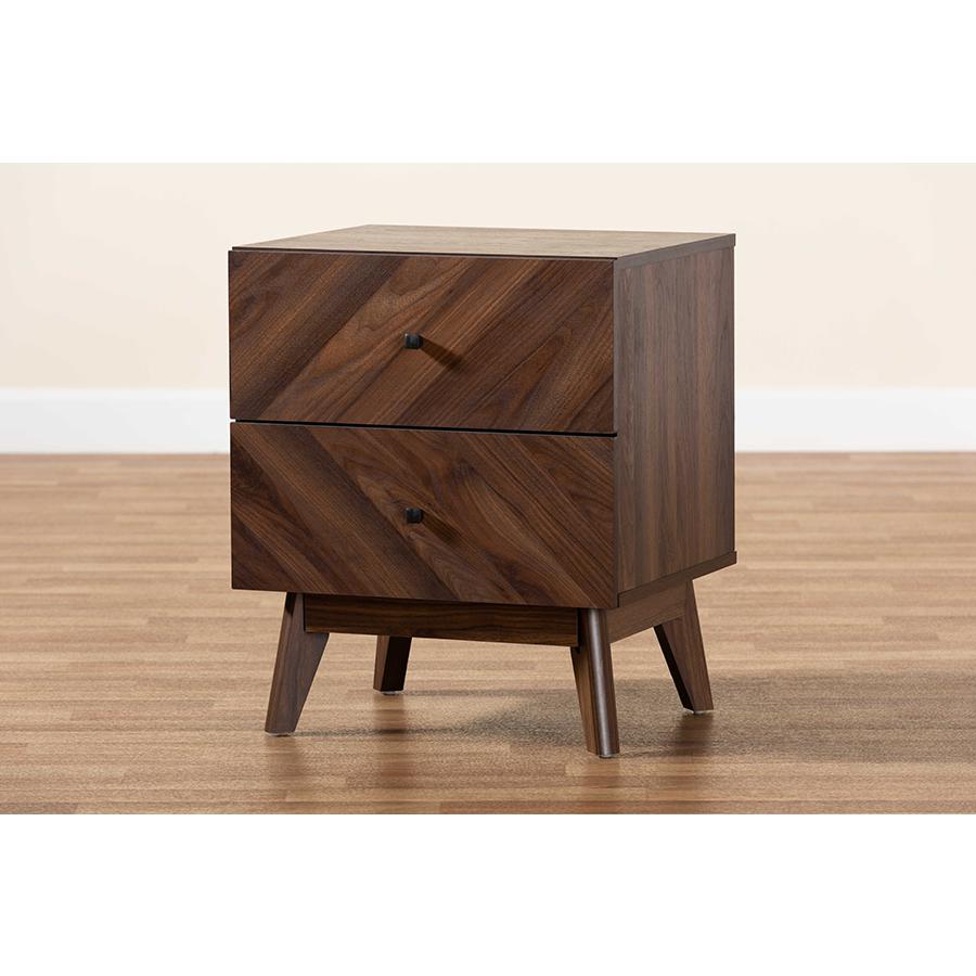 Hartman Mid-Century Modern Walnut Brown Finished Wood 2-Drawer Nightstand. Picture 9