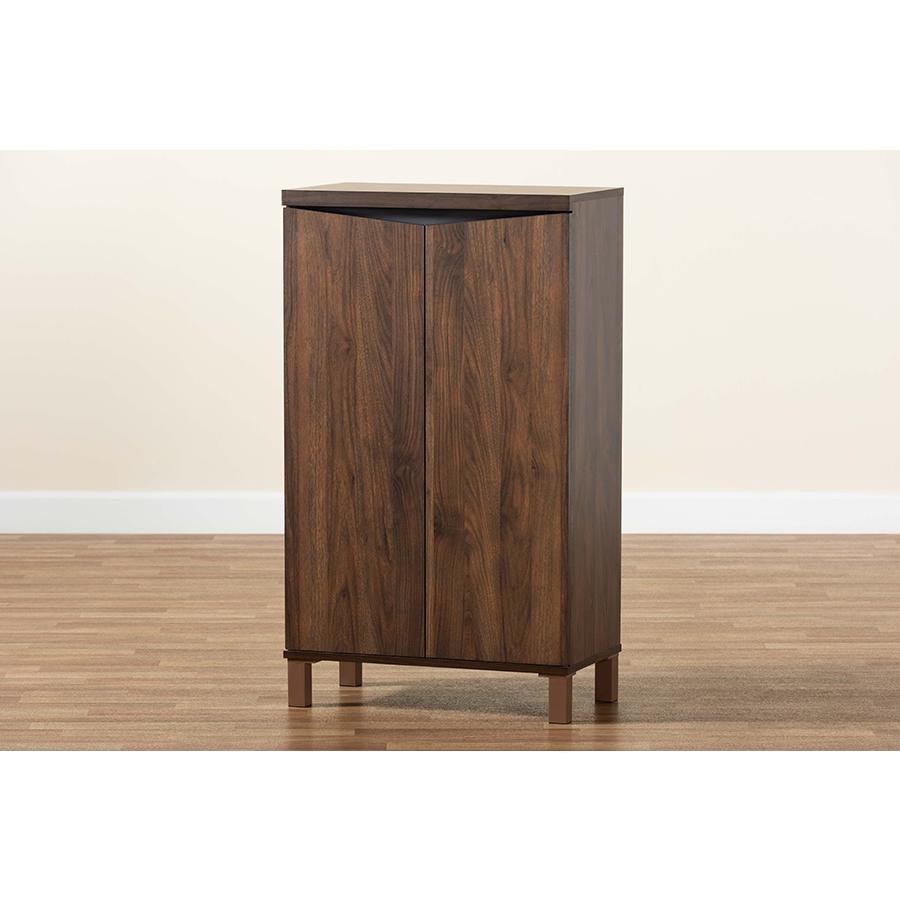 Two-Tone Walnut Brown and Dark Grey Finished Wood 2-Door Shoe Storage Cabinet. Picture 10