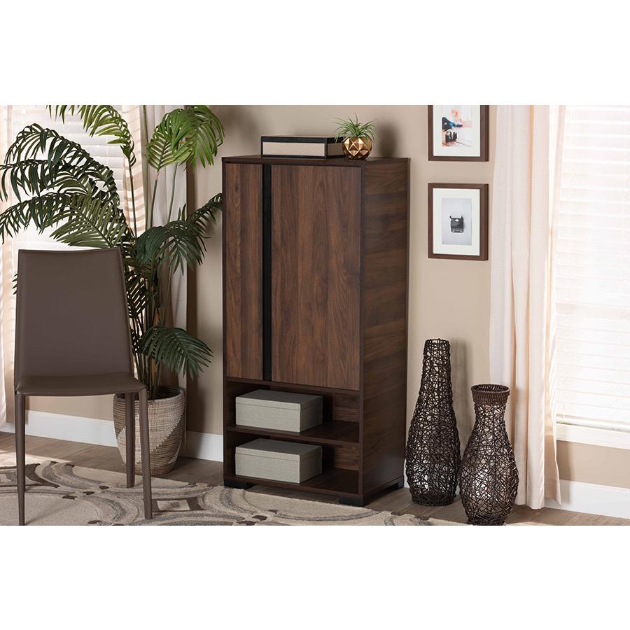 Two-Tone Walnut Brown and Black Finished Wood 2-Door Shoe Storage Cabinet. Picture 8