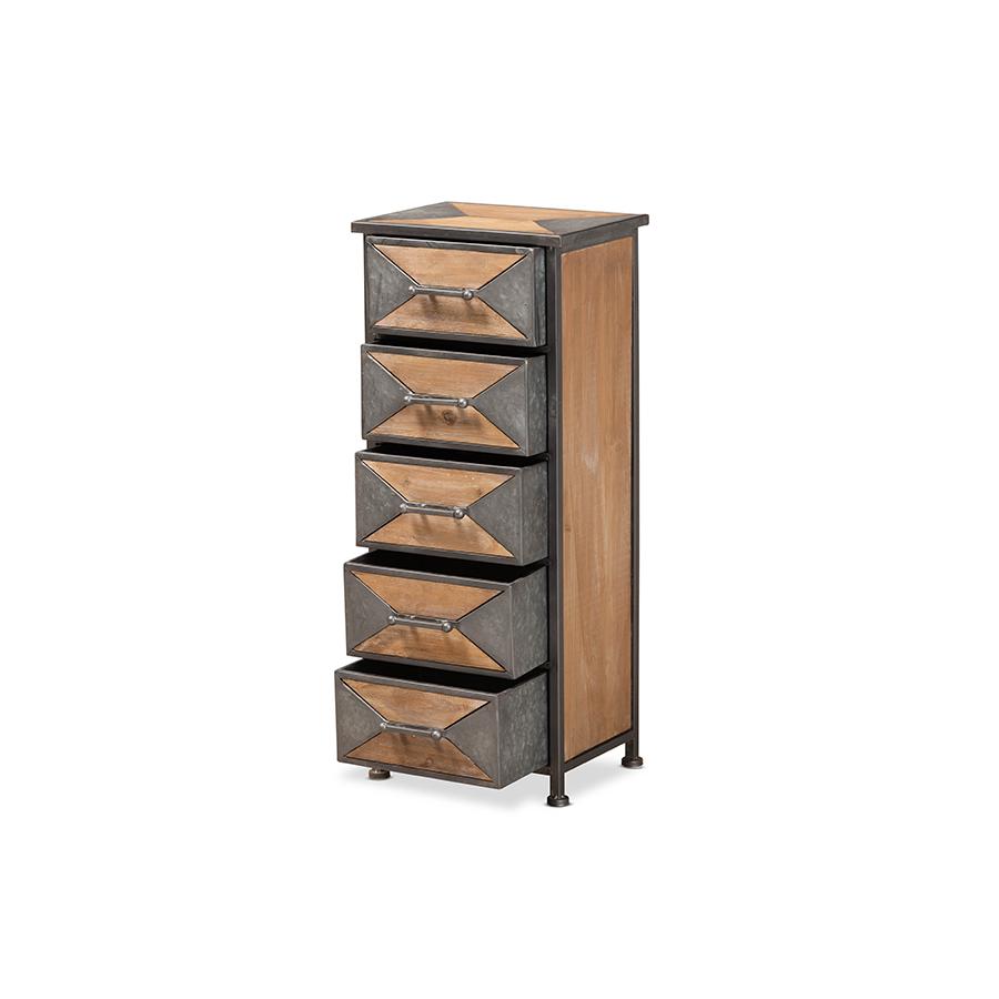 Baxton Studio Laurel Rustic Industrial Antique Grey Finished Metal and Whitewashed Oak Brown Finished Wood 5-Drawer Accent Storage Cabinet. Picture 4