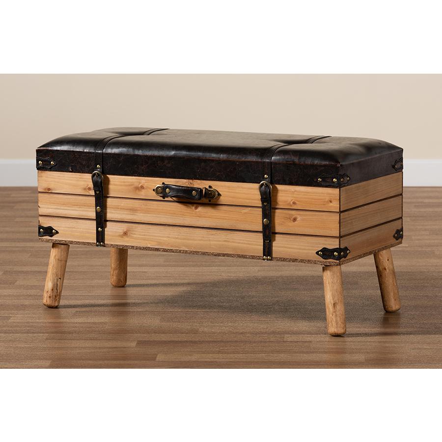 Dark Brown PU Leather Upholstered and Oak Finished Wood Large Storage Ottoman. Picture 11