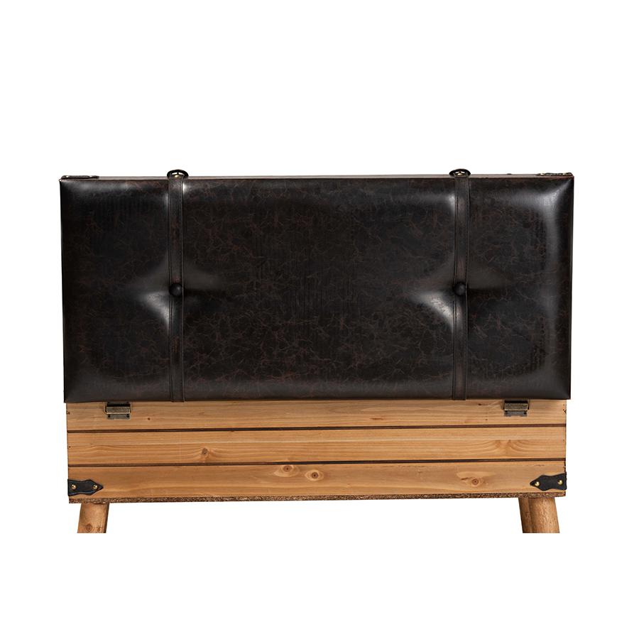 Dark Brown PU Leather Upholstered and Oak Finished Wood Large Storage Ottoman. Picture 6