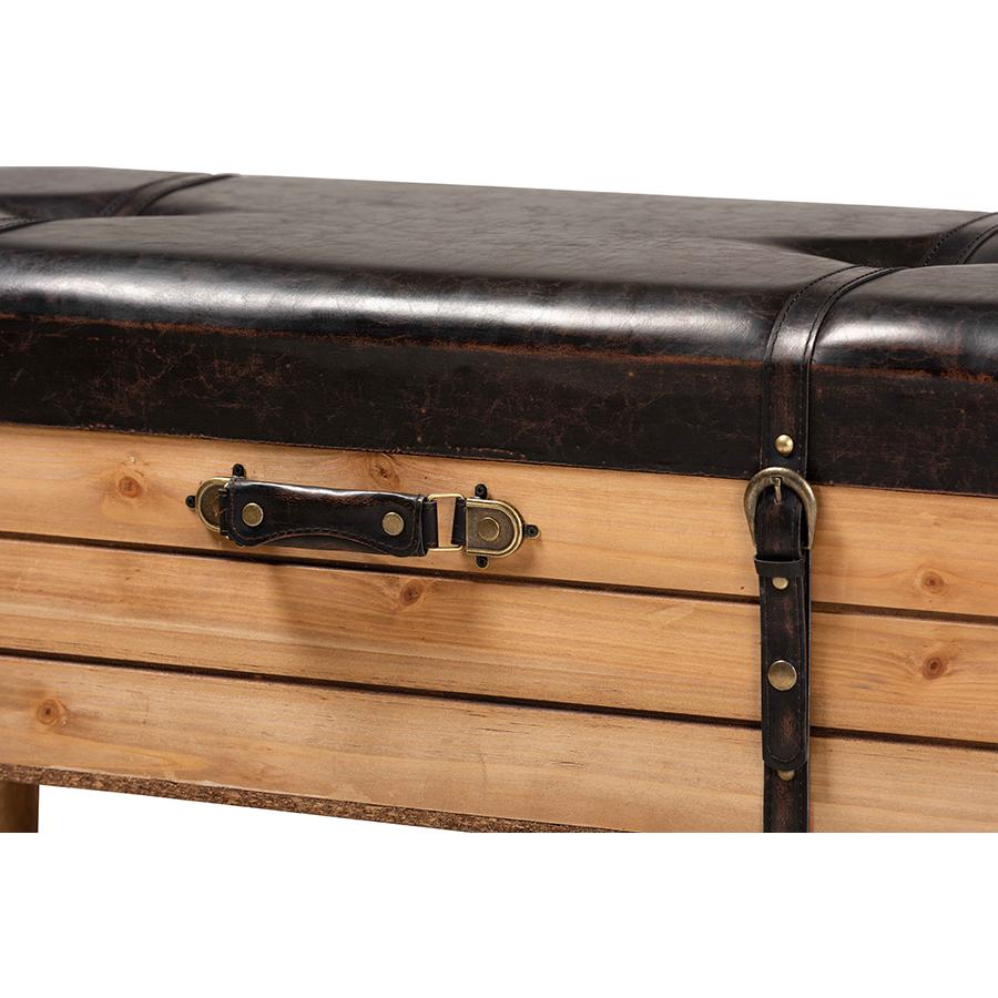 Dark Brown PU Leather Upholstered and Oak Finished Wood Large Storage Ottoman. Picture 7