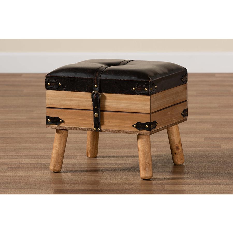 Dark Brown PU Leather Upholstered and Oak Finished Wood Small Storage Ottoman. Picture 10