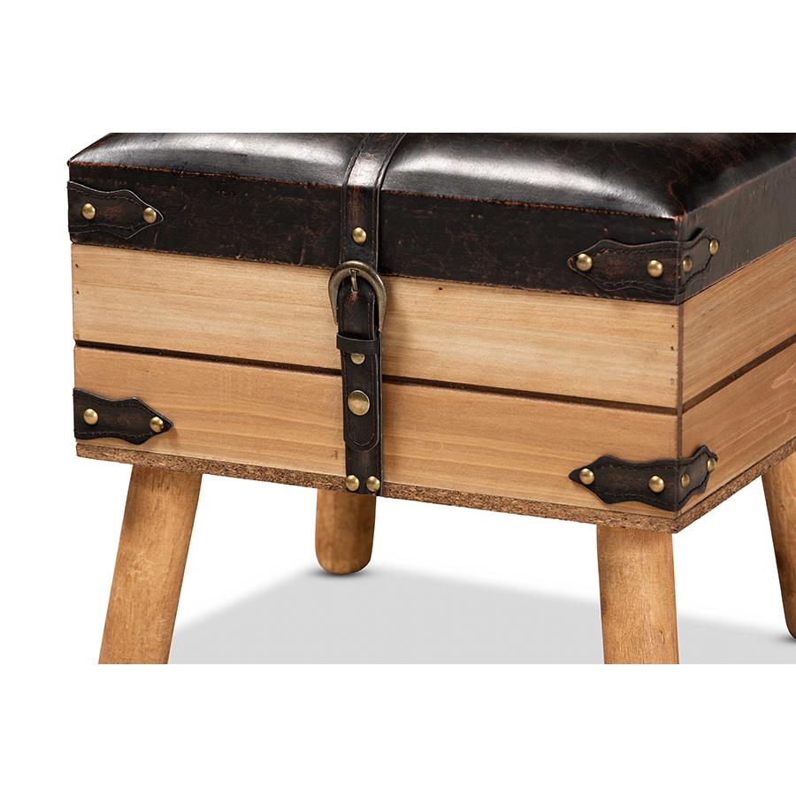Dark Brown PU Leather Upholstered and Oak Finished Wood Small Storage Ottoman. Picture 6