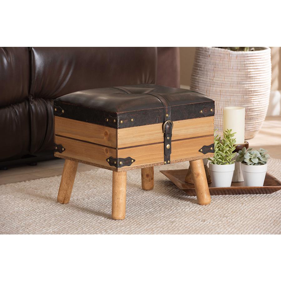 Dark Brown PU Leather Upholstered and Oak Finished Wood Small Storage Ottoman. Picture 8