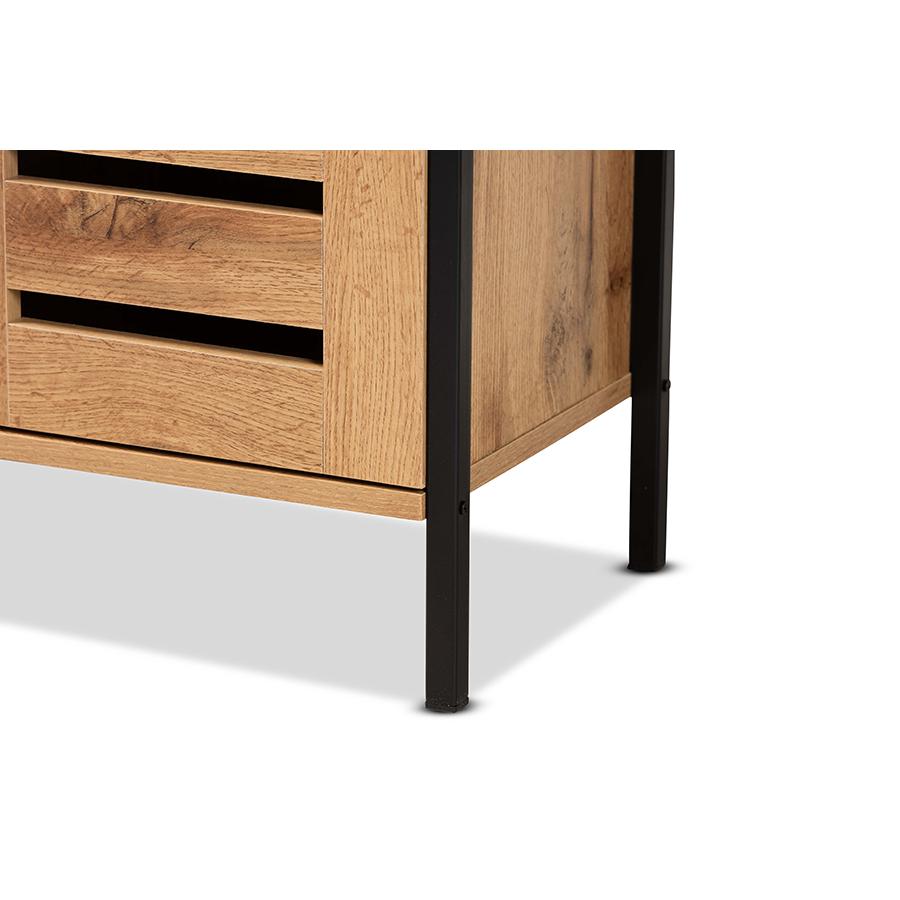 Oak Brown Finished Wood and Black Metal 2-Door Shoe Cabinet. Picture 6