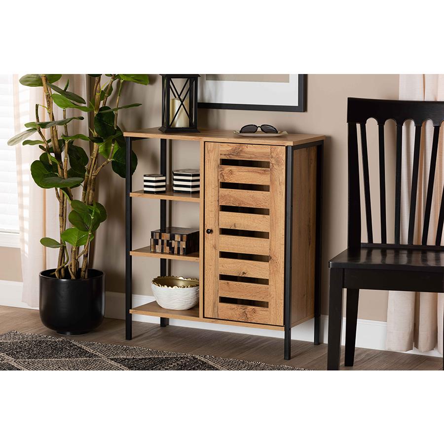 Oak Brown Finished Wood and Black Finished Metal 1-Door Shoe Storage Cabinet. Picture 8
