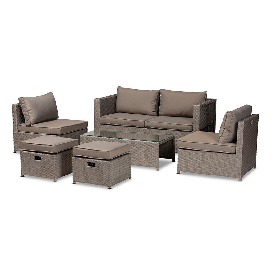 Grey Fabric Upholstered and Grey Finished Synthetic Rattan 6-Piece Patio Set. Picture 1
