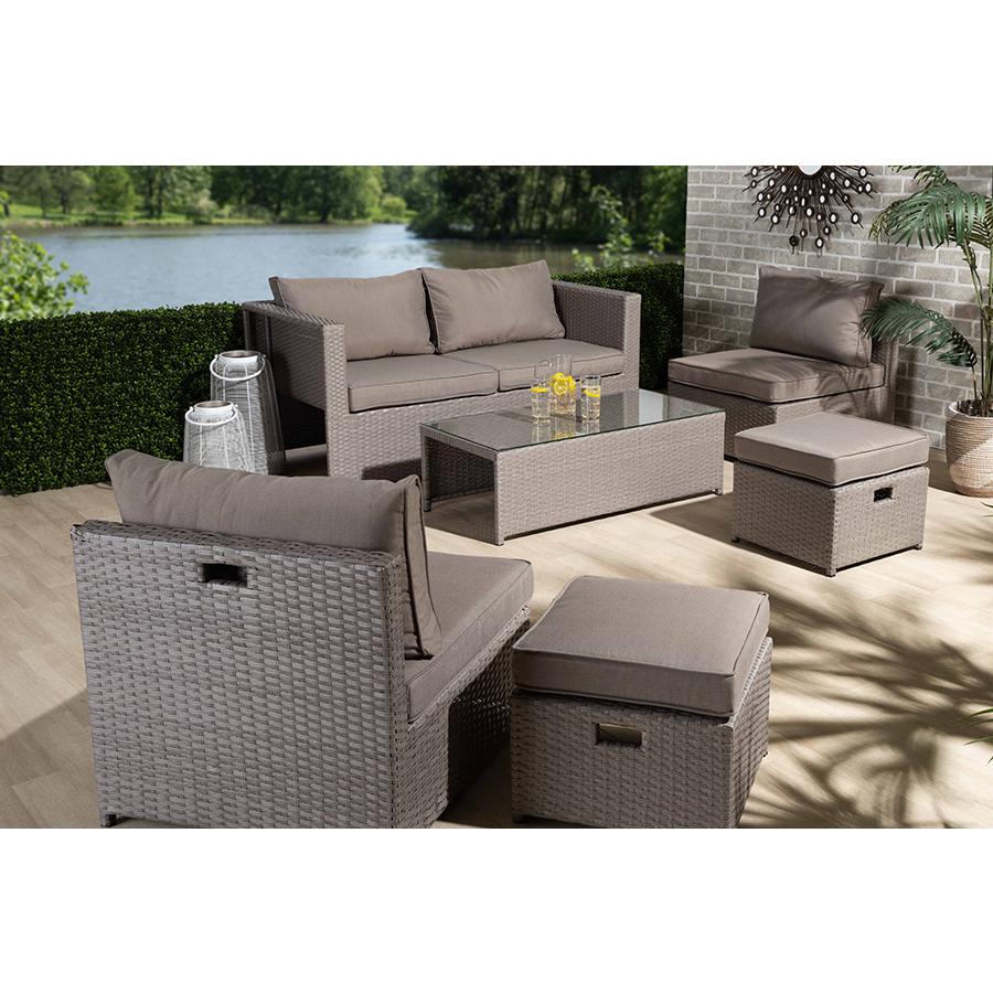Grey Fabric Upholstered and Grey Finished Synthetic Rattan 6-Piece Patio Set. Picture 6