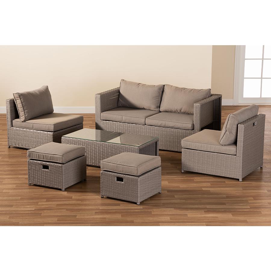 Grey Fabric Upholstered and Grey Finished Synthetic Rattan 6-Piece Patio Set. Picture 7