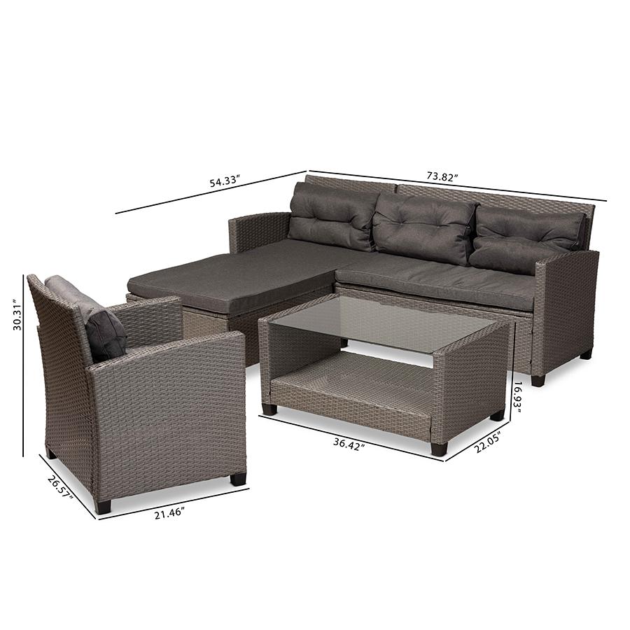 Baxton Studio Darian Modern and Contemporary Grey Fabric Upholstered and Grey Synthetic Rattan 4-Piece Patio Set. Picture 11