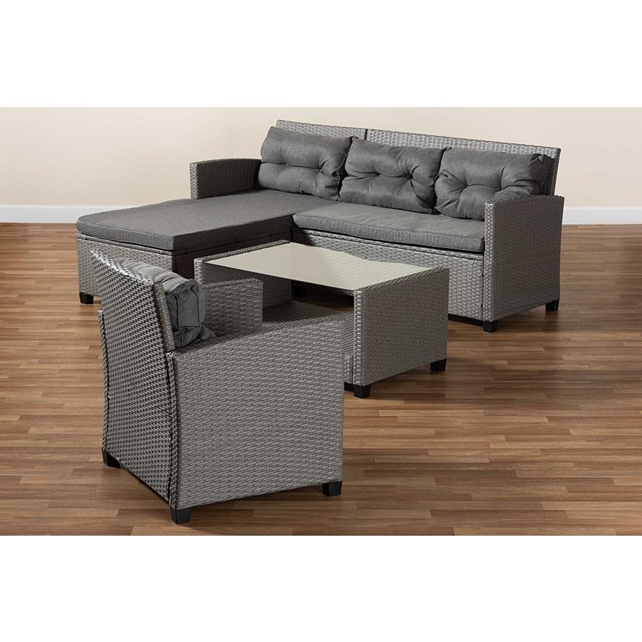 Baxton Studio Darian Modern and Contemporary Grey Fabric Upholstered and Grey Synthetic Rattan 4-Piece Patio Set. Picture 10