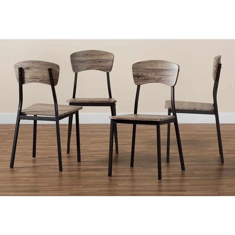 Industrial Oak Brown Finished Wood and Black Metal 4-Piece Dining Chair Set. Picture 7