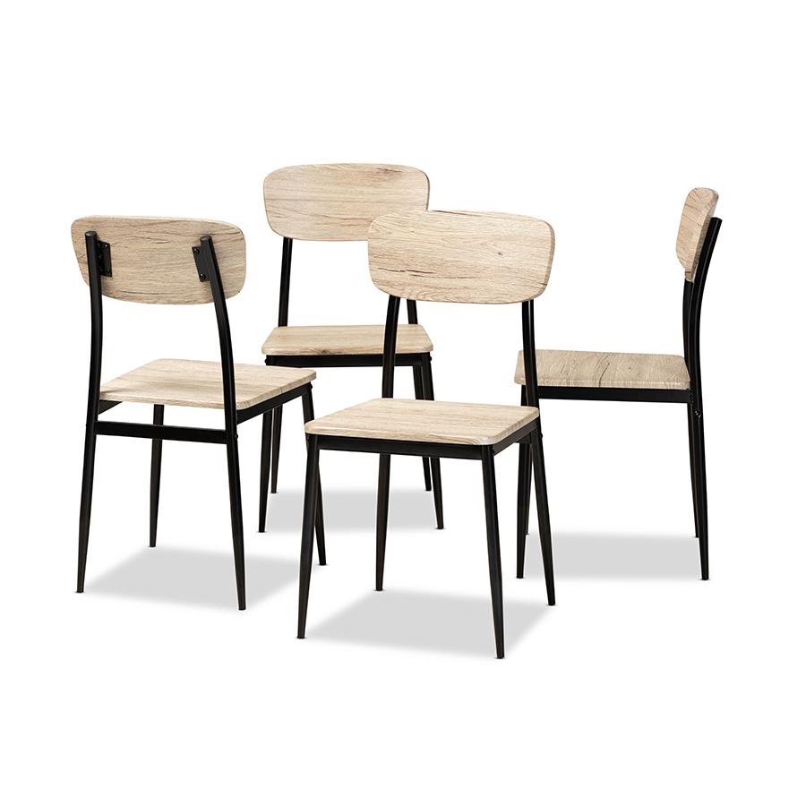 Light Brown Finished Wood and Black Metal 4-Piece Dining Chair Set. Picture 1