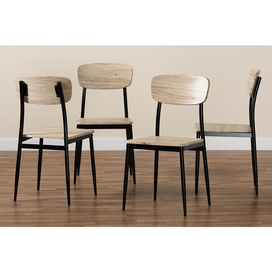 Light Brown Finished Wood and Black Metal 4-Piece Dining Chair Set. Picture 7