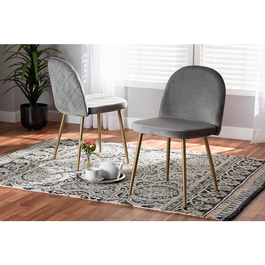 Baxton Studio Fantine Modern Luxe and Glam Grey Velvet Fabric Upholstered and Gold Finished Metal 2-Piece Dining Chair Set. Picture 6