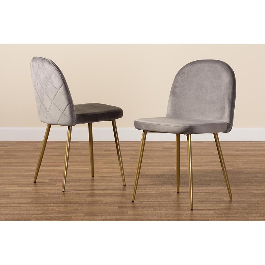 Baxton Studio Fantine Modern Luxe and Glam Grey Velvet Fabric Upholstered and Gold Finished Metal 2-Piece Dining Chair Set. Picture 7