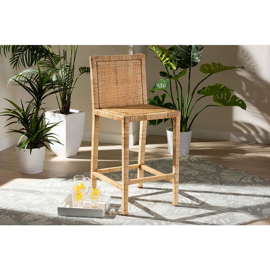 Sofia Modern and Contemporary Natural Finished Wood and Rattan Counter Stool. Picture 7