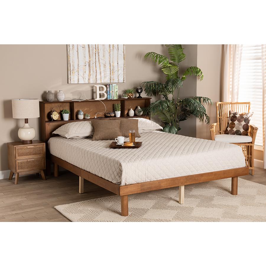 Walnut Brown Finished Wood Full Size Platform Bed with Charging Station. Picture 8