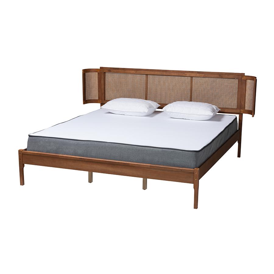 Walnut Brown Finished Wood and Natural Rattan King Size Platform Bed. Picture 1