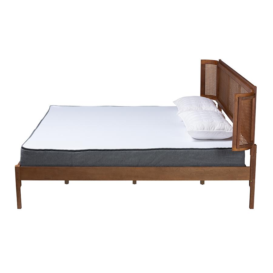 Walnut Brown Finished Wood and Natural Rattan King Size Platform Bed. Picture 2