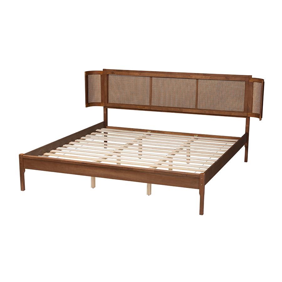 Walnut Brown Finished Wood and Natural Rattan King Size Platform Bed. Picture 3