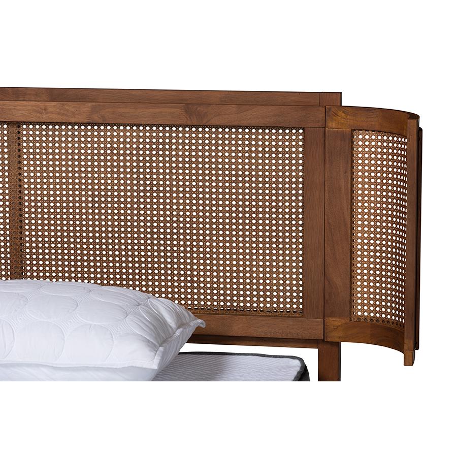 Walnut Brown Finished Wood and Natural Rattan King Size Platform Bed. Picture 4