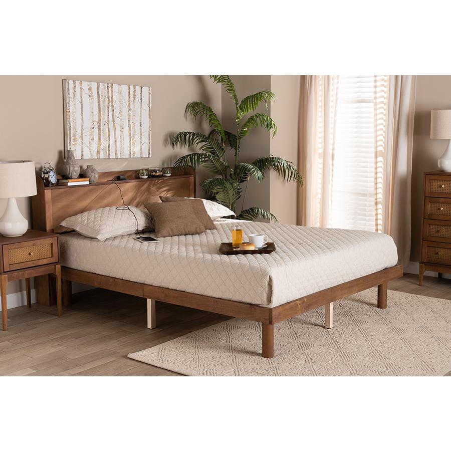 Walnut Brown Finished Wood Full Size Platform Bed with Charging Station. Picture 8