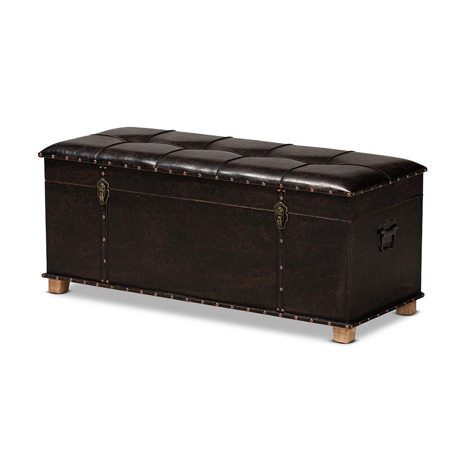 Leather Upholstered and Oak Brown Finished Wood Storage Ottoman. Picture 1