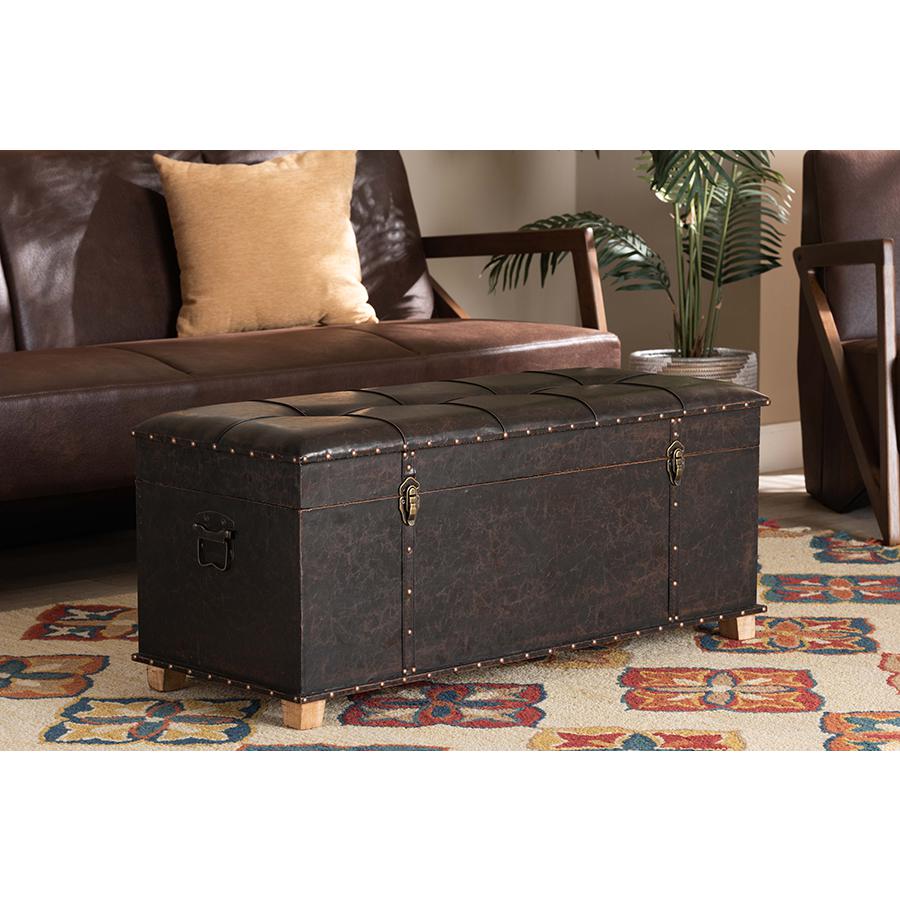 Leather Upholstered and Oak Brown Finished Wood Storage Ottoman. Picture 11