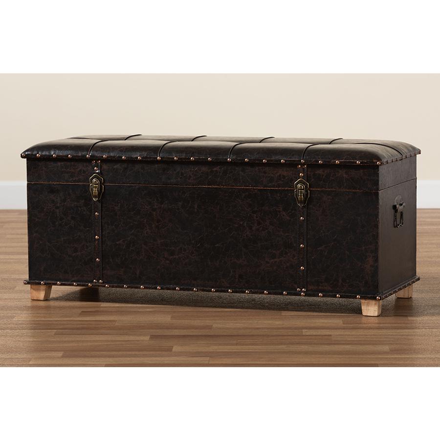 Leather Upholstered and Oak Brown Finished Wood Storage Ottoman. Picture 13