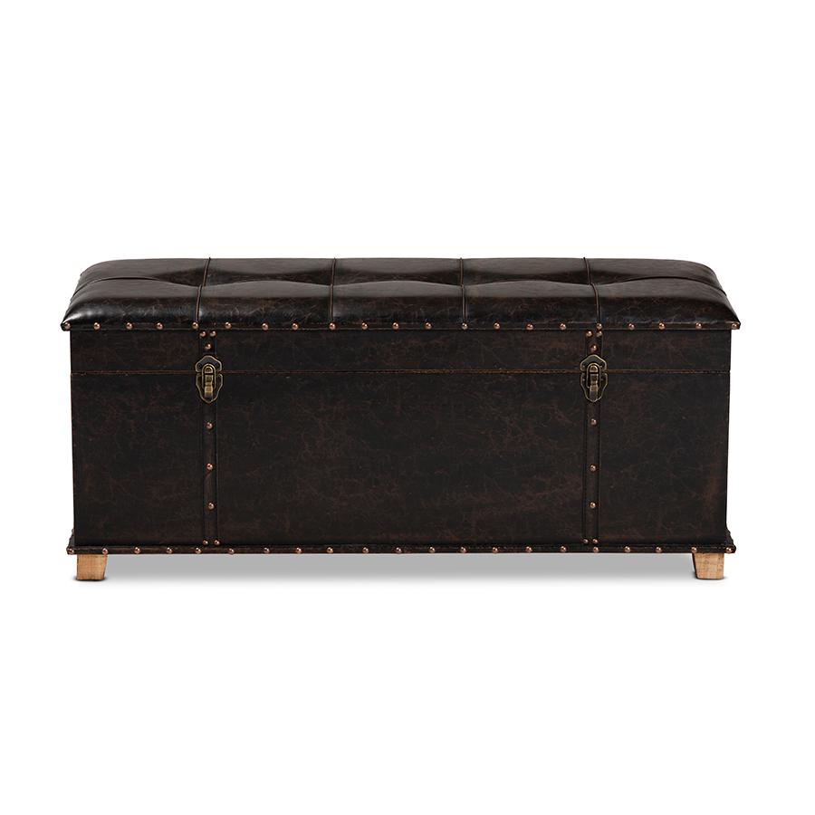 Leather Upholstered and Oak Brown Finished Wood Storage Ottoman. Picture 3