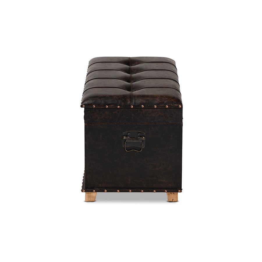 Leather Upholstered and Oak Brown Finished Wood Storage Ottoman. Picture 4