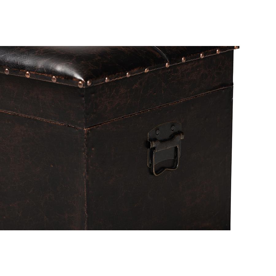 Leather Upholstered and Oak Brown Finished Wood Storage Ottoman. Picture 8