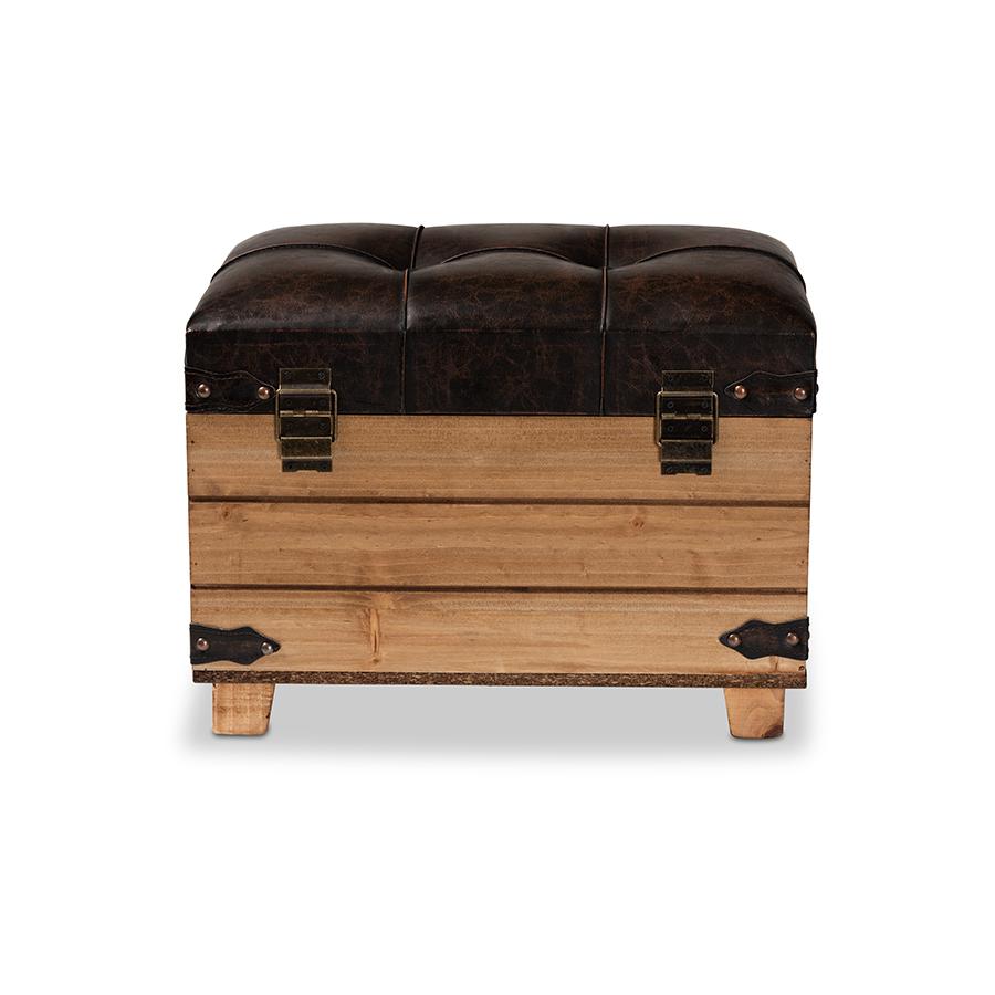 Leather Upholstered and Oak Brown Finished Wood Storage Ottoman. Picture 5