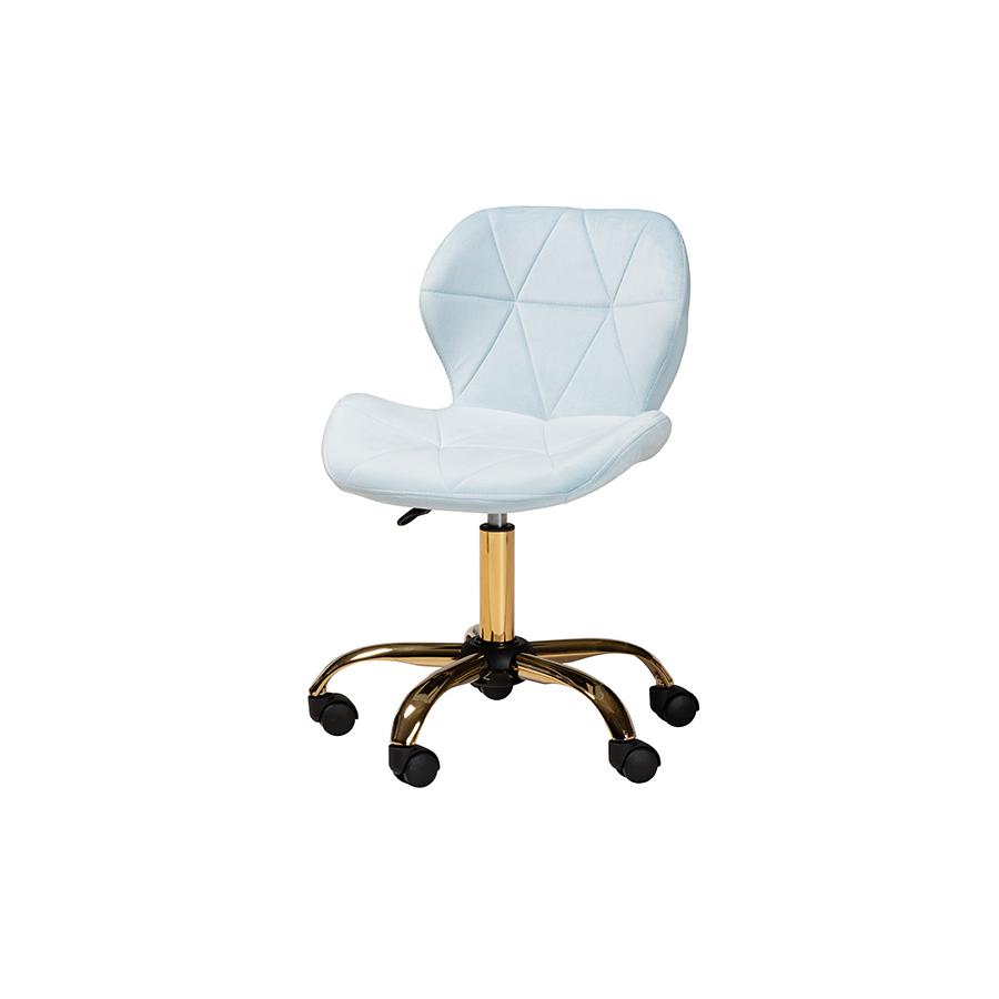 Glam and Luxe Aqua Velvet Fabric and Gold Metal Swivel Office Chair. Picture 1