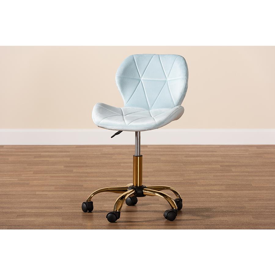 Glam and Luxe Aqua Velvet Fabric and Gold Metal Swivel Office Chair. Picture 11