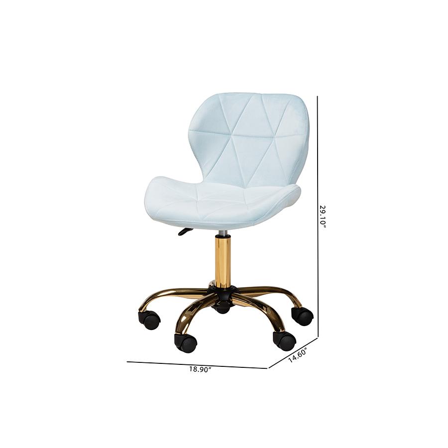 Glam and Luxe Aqua Velvet Fabric and Gold Metal Swivel Office Chair. Picture 12